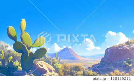 砂漠の山のサボテン、アニメ風 128126216