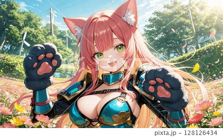 Cheerful Anime Girl with Cat Ears in a Sunny Flower Field 128126434