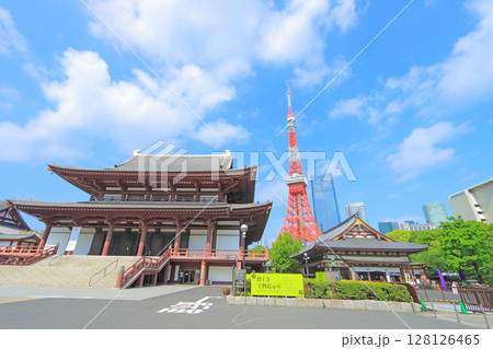 東京都港区、東京タワーと増上寺の風景 東京都港区、東京タワーと増上寺の風景 128126465
