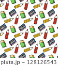 School supplies, pencils and erasers, office supplies. Poster, stickers, printing on clothes. 128126543