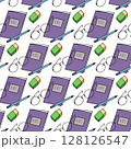 Seamless pattern with different stationery, pencil, brush, books, pen, eraser, magnifying glass. Hand drawn black objects on green background. Education Back to School. For wrapping, fabric, wallpaper 128126547