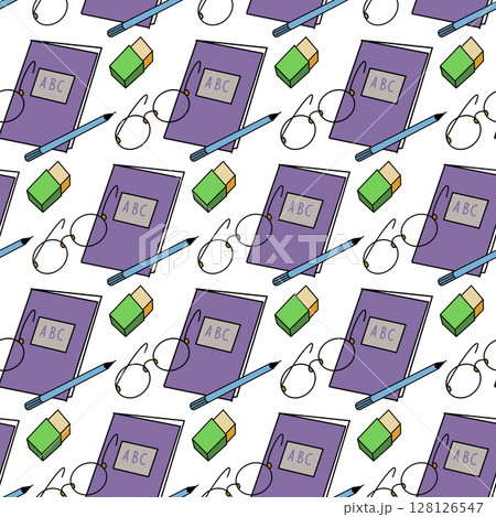 Seamless pattern with different stationery, pencil, brush, books, pen, eraser, magnifying glass. Hand drawn black objects on green background. Education Back to School. For wrapping, fabric, wallpaper Seamless pattern with different stationery, pencil, brush, books, pen, eraser, magnifying glass. Hand drawn black objects on green background. Education Back to School. For wrapping, fabric, wallpaper 128126547