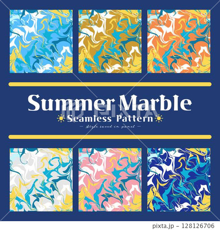 カラフルで明るい夏のマーブル模様シームレスパターン　おしゃれで爽やかなベクターイラスト背景素材セット 128126706
