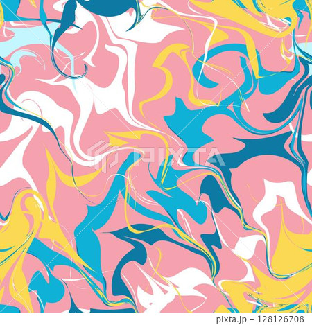 カラフルで明るい夏のマーブル模様シームレスパターン　おしゃれで爽やかな波のベクターイラスト背景素材 128126708