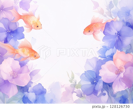 金魚が泳いでいる夏イメージの水彩風背景イラスト 128126730