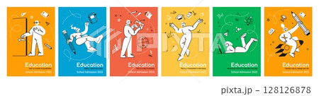 Abstract school poster. Education card. People study on university training. People learn on online business or science course. College exam. Communication with teacher. Vector banners set 128126878