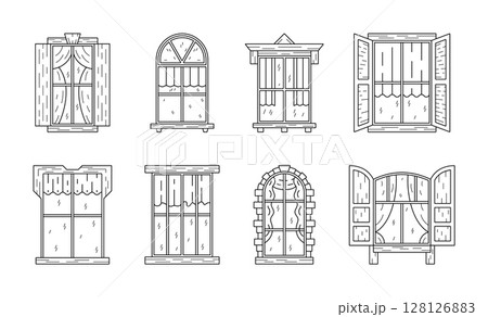 Open window. Home outline glass shutters with curtains. Line doodle draw. Architecture windowsill. White door or vintage art border. Double casement frame. Vector sketch windowpanes set 128126883