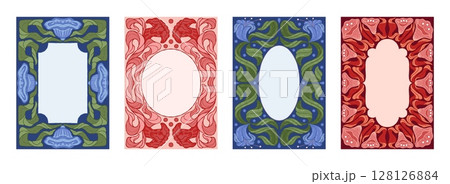 Ornament border. Floral frame, cover with retro pattern or old antique luxury leaves poster. Classic art summer invitation. Card or poster template design in bohemian style vector illustration Ornament border. Floral frame, cover with retro pattern or old antique luxury leaves poster. Classic art summer invitation. Card or poster template design in bohemian style vector illustration 128126884