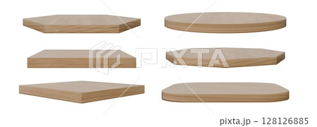 Wooden podium set. Realistic minimalist empty pedestal different forms. 3D round square stage for presentation ecological natural product. Store showcase. Vector isolated illustration Wooden podium set. Realistic minimalist empty pedestal different forms. 3D round square stage for presentation ecological natural product. Store showcase. Vector isolated illustration 128126885