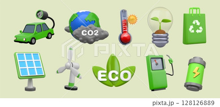 3d environment icons. Green energy for car, earth or world solar battery, eco save electric power panel. Ecology and nature eco care, nature power. Recycling bag vector cartoon isolated set 128126889