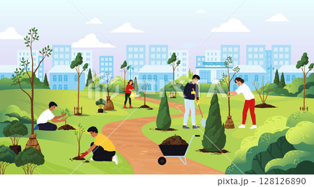 People planting trees in garden. City park volunteers community. Environment conservation. Forest sapling care. Children team volunteering work on farm. Ecology day. Vector background 128126890