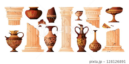 Broken column set. Roman pillar, ancient vase and greek historic objects. Greece old crockery, athens amphora. Artifact urns with characters. Vector traditional isolated museum collection 128126891