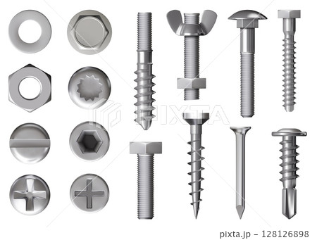 Steel rivet. Nut screw. Nail bolt head or 3d iron pin. Stainless tool types. Realistic metal washer cap. Allen construction. Hexagon fastening. Hardware assortment. Vector fasteners set Steel rivet. Nut screw. Nail bolt head or 3d iron pin. Stainless tool types. Realistic metal washer cap. Allen construction. Hexagon fastening. Hardware assortment. Vector fasteners set 128126898