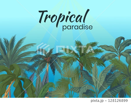 Palm trees background. Tropical coconut banana and monstera plants. Green leaves. Botanical paradise. Jungle and rainforest. summer beach resort. Backdrop decoration. Vector illustration 128126899