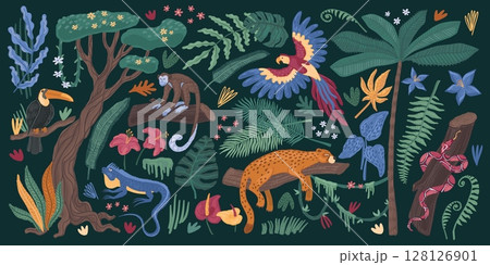 Jungle animals. Tropic toucan bird, cute nature parrot, safari zoo. Monkey, snake and jaguar. Pattern exotic palm and liana background. Rainforest art. Vector cartoon illustration 128126901