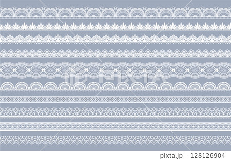 Lace border. Vintage white frame. Wedding pattern stripe or lacy tape. Lacework decoration. Horizontal tatting. Geometric jacquard ornament. Embroidery print. Vector seamless ribbons set 128126904