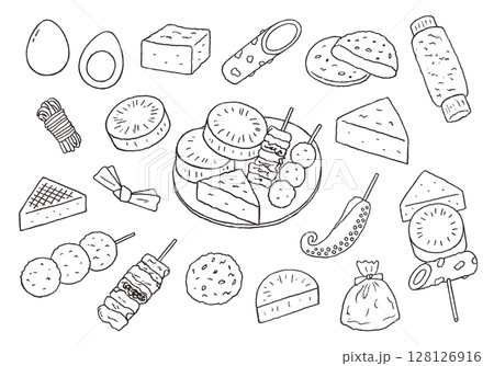 おでんの手描きイラストセット（モノクロ） 128126916