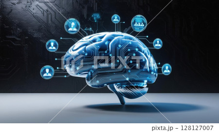 conceptual image of AI brain with luminous circuits and holographic icons, showcasing digital collaboration against dark background 128127007