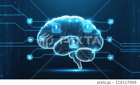 conceptual image of AI brain with luminous circuits and holographic icons, set against dark digital background, evokes innovation and technology 128127008