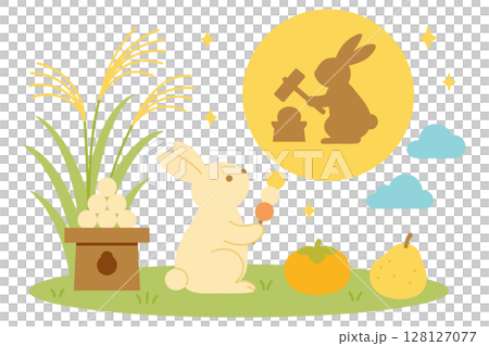 Autumn illustration of a rabbit holding a moon viewing dumpling and a full moon 128127077