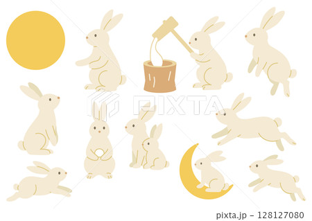 月と餅つきをするうさぎのイラスト素材セット 128127080