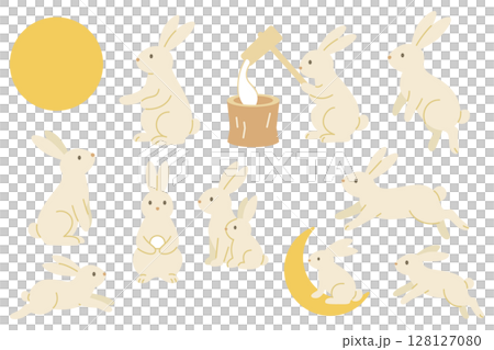 月と餅つきをするうさぎのイラスト素材セット 128127080