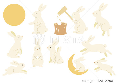月と餅つきをするうさぎのイラスト素材セット 128127081
