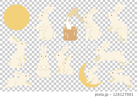 月と餅つきをするうさぎのイラスト素材セット 128127081