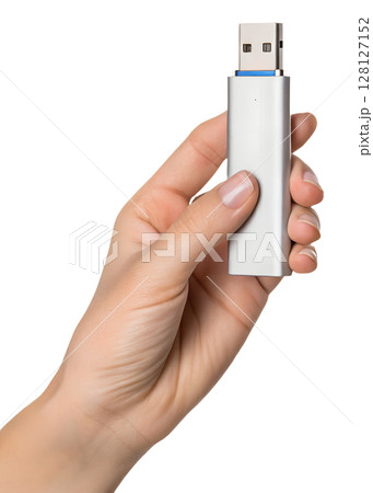 Hand holding usb flash drive, data storage device isolated on transparent background, technology, file transfer, portable memory stick 128127152