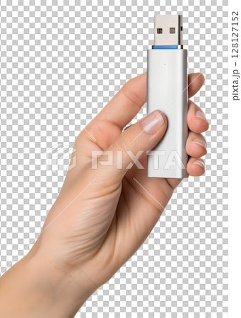 Hand holding usb flash drive, data storage device isolated on transparent background, technology, file transfer, portable memory stick 128127152