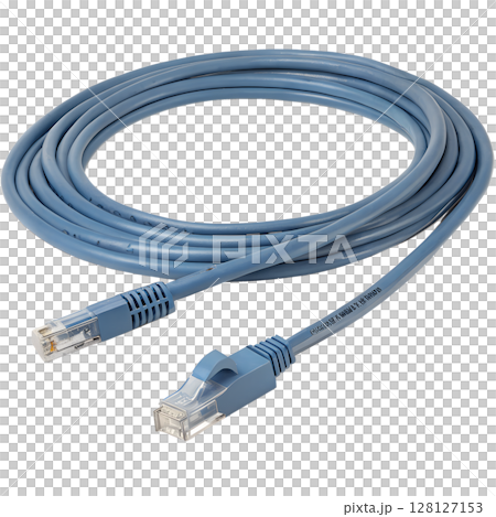 Coiled blue ethernet cable for network connection, isolated on transparent background, internet technology, high-speed data transfer, computer networking 128127153
