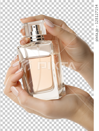 Woman's hand holding elegant perfume bottle, isolated on transparent background, luxury fragrance, beauty product, fashion and cosmetics 128127154