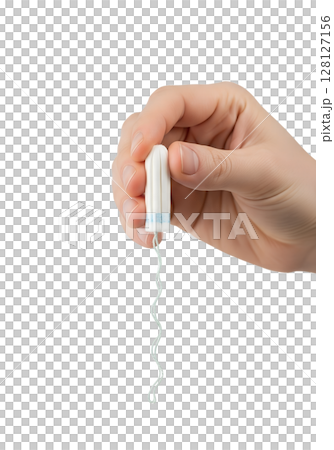 Hand holding tampon representing feminine hygiene and menstruation, isolated on transparent background, period care concept, women's health, sanitary product 128127156