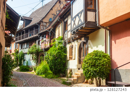 Street with picturesque colorful half-timbered houses in the medieval village of Eguisheim, Alsace, France. Village is ranked in the top 20 of Les Plus Beaux Villages de France. Alsace wine route 128127243