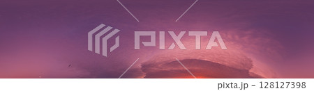 360 panorama of glowing sunset sky with bright pink Cumulus clouds. HDR 360 seamless spherical panorama. Full zenith or sky dome sky replacement for aerial drone panoramas. Climate and weather change. 360 panorama of glowing sunset sky with bright pink Cumulus clouds. HDR 360 seamless spherical panorama. Full zenith or sky dome sky replacement for aerial drone panoramas. Climate and weather change. 128127398