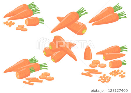 ニンジンのイラスト。優しく淡い色合いのシンプルなベクター画像。調理用にカットされたもののセット。 128127400