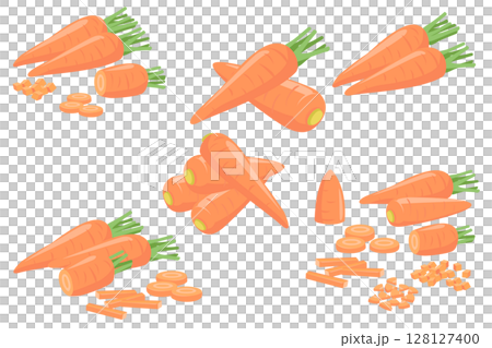 ニンジンのイラスト。優しく淡い色合いのシンプルなベクター画像。調理用にカットされたもののセット。 128127400