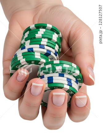 Hand holding stack of poker chips, casino and gambling concept, isolated on transparent background, betting, poker tournament 128127507