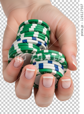 Hand holding stack of poker chips, casino and gambling concept, isolated on transparent background, betting, poker tournament 128127507