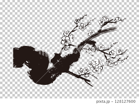 梅の和風手書き筆イラスト 墨絵モノクロ 梅の和風手書き筆イラスト 墨絵モノクロ 128127600