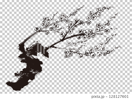 梅の和風手書き筆イラスト 墨絵モノクロ 梅の和風手書き筆イラスト 墨絵モノクロ 128127601