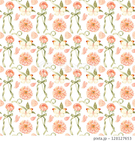 Peonies, butterfly, petals, and green ribbon watercolor seamless pattern on white. Hand-painted in soft pastel tones. Ideal for wedding stationery, branding, textiles, packaging, feminine design Peonies, butterfly, petals, and green ribbon watercolor seamless pattern on white. Hand-painted in soft pastel tones. Ideal for wedding stationery, branding, textiles, packaging, feminine design 128127653