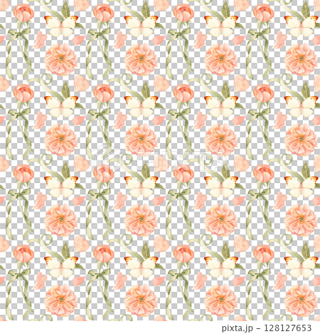 Peonies, butterfly, petals, and green ribbon watercolor seamless pattern on white. Hand-painted in soft pastel tones. Ideal for wedding stationery, branding, textiles, packaging, feminine design Peonies, butterfly, petals, and green ribbon watercolor seamless pattern on white. Hand-painted in soft pastel tones. Ideal for wedding stationery, branding, textiles, packaging, feminine design 128127653