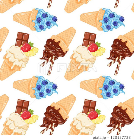 Blueberry, chocolate, strawberry, vanilla ice cream cone seamless pattern with melting creamy texture and berry on top in cartoon style. Refreshing summer design for sweet theme, fruit concept. 128127728