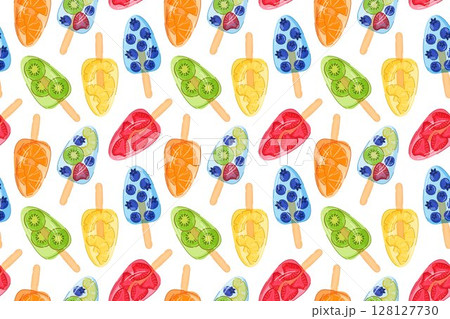 Colorful seamless pattern of fruit popsicle with strawberry, kiwi, blueberry, orange and pineapple isolated on white background. Cartoon style design for summer dessert menu or package. 128127730
