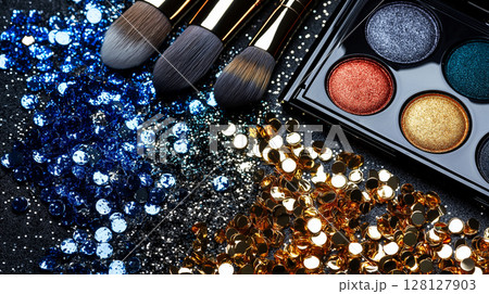 Vibrant makeup palette and glitter with brushes on sparkling surface 128127903
