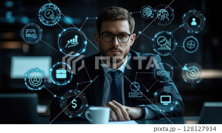 Focused professional in suit is surrounded by digital HR icons, symbolizing organization and efficiency 128127934