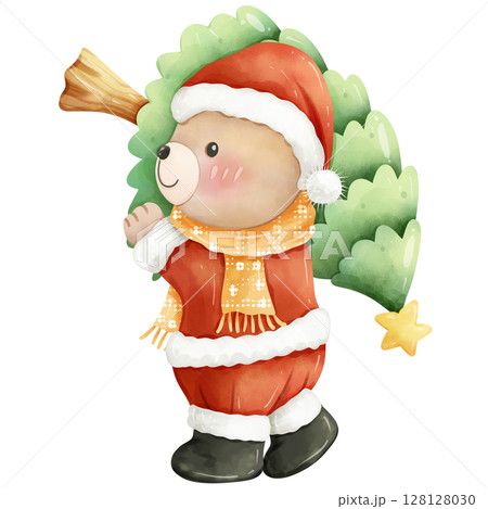 Hand-painted watercolor Christmas themed bear cartoon 128128030