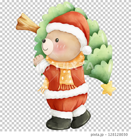 Hand-painted watercolor Christmas themed bear cartoon 128128030