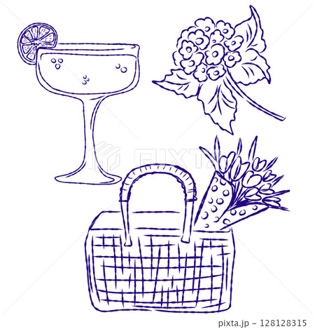 Whimsical hand drawn sketch set inspired by Mediterranean lifestyle. Includes food, drinks, flowers, summer decor and travel elements. Perfect for branding, packaging, prints, and stickers. 128128315